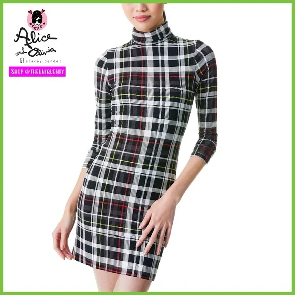 Alice + Olivia Delora Plaid Fitted Black White Multi Mini Dress - Picture 1 of 17
